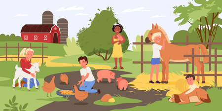 Children in contact zoo, happy kids and animals vector illustration. cartoon boy girl child characters holding cute piggy, hugging dog, standing next to horse and feeding chickens with food background Stock Photo