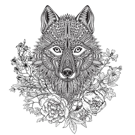 手描きのグラフィック華やかなヘッドを民族の花と狼の落書きパターン 牡丹 他の花 ベクトル塗り絵用イラスト タトゥー T シャツの印刷 バッグします 白い背景上に分離 のイラスト素材 ベクタ Image
