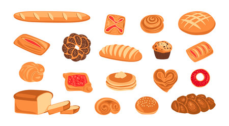 Cartoon bread. wheat grain baked food, danish, jam puff, loaf, baguette, bread, donut, sesame bun and sweet bread dessert. vector isolated set Banco de Imagens