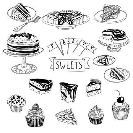 手書きの白地にケーキやデザート セットいたずら書きのイラスト素材 ベクタ Image