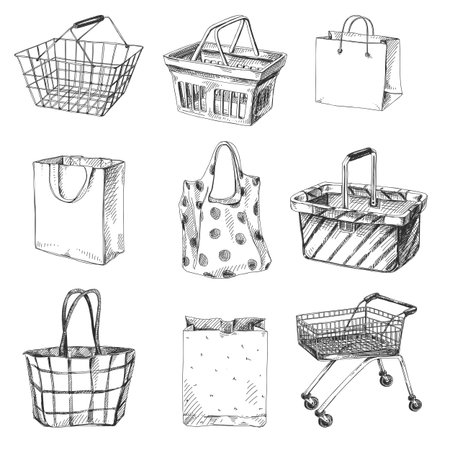 Beautiful Vector Hand Drawn Shopping Cart, Bag And Basket Set Illustrations. Detailed Retro Style Images. Vintage Sketch Element For Labels, Packaging And Cards Design. Modern Background.