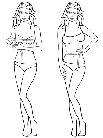 女の子の巻尺 アウトライン ベクトル図と彼女の胸の大きさを測定のイラスト素材 ベクタ Image