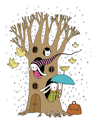 Magic tree, rabbits and birds. hand drawing isolated objects on white background. vector illustration.