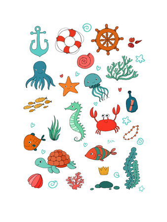 海洋のイラスト セット 小さなかわいい漫画人魚 面白い魚 ヒトデ 瓶注 藻類 様々 な貝やカニ 海のテーマ のイラスト素材 ベクタ Image 海洋のイラスト セット 小さなかわいい漫画人魚 面白い魚 ヒトデ 瓶注 藻類 様々 な貝やカニ 海のテーマ のイラスト素材 ベクタ Image