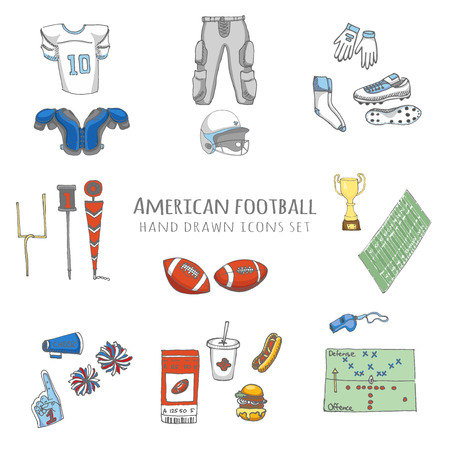手描き落書きアメリカン フットボール セット ベクトル イラスト スケッチ関連アイコン サッカー要素のスポーツは ボールを膝太もも肩パッド クリート フィールド インジケーターをチアリーディング ヘルメット ジャージ パンツのイラスト素材 ベクタ Image