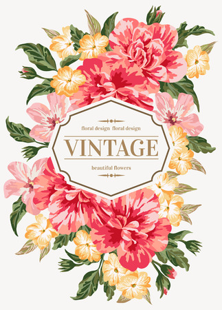 Vintage greeting card with colorful flowers. Vector illustration.