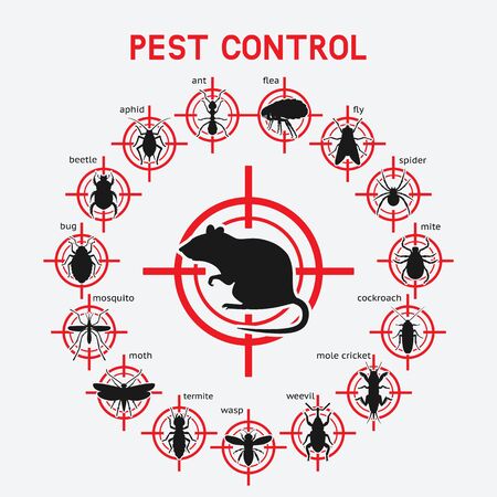 Pest Control Icons Set On Red Target. Vector Illustration