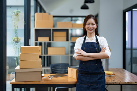 Portrait d'une femme asiatique d'affaires avec boîte d'expédition de colis avant l'envoi au client. entrepreneur petite entreprise travaillant à domicile.
