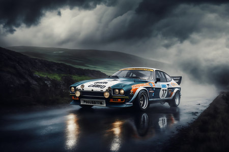 3d rendering of a racing car on the road in the rain