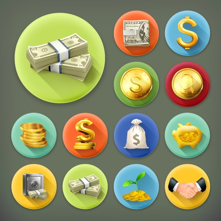 Bag of gold coins: Tiền bạc và tiền xu, kinh doanh và tài chính cái bóng dài biểu tượng vector bộ