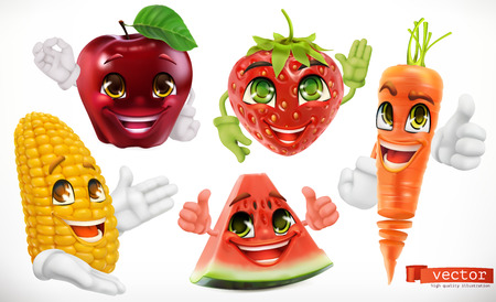 Corn, apple, strawberry, watermelon, carrot. funny cartoon characters. kids food, 3d vector set icon