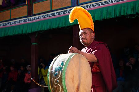 Tengboche, nepal - october, 26, 2018: the monk perform religious buddhistic dance during the mani rimdu festival in tengboche monastery