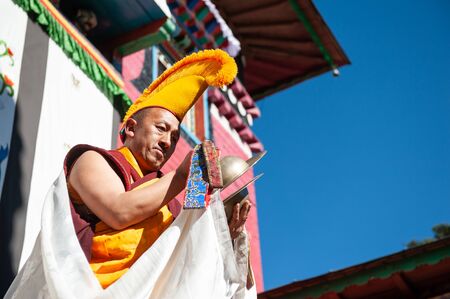 Tengboche, nepal - october, 26, 2018: the monk perform religious buddhistic dance during the mani rimdu festival in tengboche monastery Stock Photo