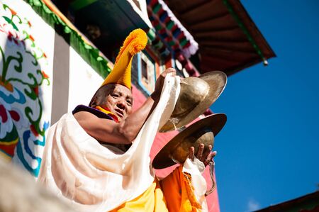 Tengboche, nepal - october, 26, 2018: the monk during the mani rimdu festival in tengboche monastery