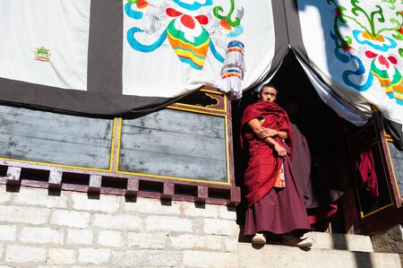 Tengboche, nepal - october, 26, 2018: the monks during the mani rimdu festival in tengboche monastery