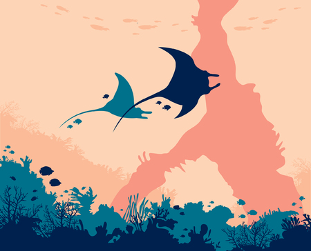 グラフィックの水中自然と海洋野生動物 2 つのマンタ 自然なアーチ サンゴ礁や海の中の熱帯魚のシルエット ベクトルの図 のイラスト素材 ベクタ Image グラフィックの水中自然と海洋野生動物 2 つのマンタ 自然なアーチ サンゴ礁や海の中の熱帯魚のシルエット ベクトルの図 のイラスト素材 ベクタ Image