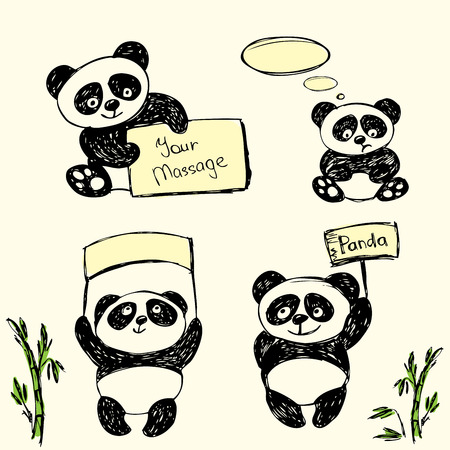 テキスト 手書き ベクトルの標識で様々 なポーズでかわいいパンダ のイラスト素材 ベクタ Image