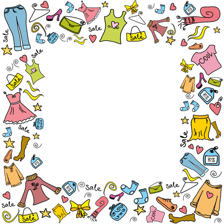 販売のファッションショッピングの背景やフレーム 服やアクセサリー ベクトル イラスト のイラスト素材 ベクタ Image