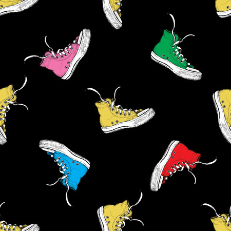 古典的なヴィンテージヒップスタースニーカーシームレスなパターンの手描きのカラフルなペア ベクトルイラスト ファッションデザインアイコン スケッチ スタイルのアウトライン 包装紙 ファブリックテキスタイル 靴市場用 のイラスト素材 ベクタ Image