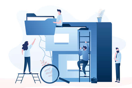 Business people searching through files. man with folder in document box. cataloging and searching for documents. funny male and female characters in trendy style. vector illustration