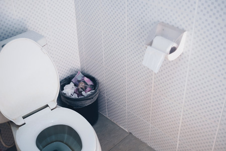 Bathroom interior with flush toilet and bin and toilet paper flush toilet and tissue in box with the stain dirty in the toilet Stock Photo