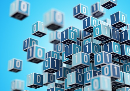 Internet digital big data management concept with cube colored with binary numbers with blue background Internet digital big data management concept with cube colored with binary numbers with blue background