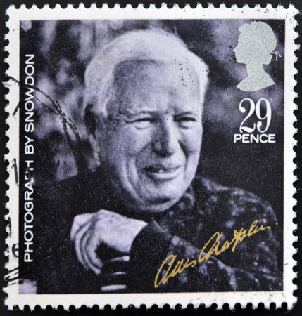 UNITED KINGDOM - CIRCA 1985: A stamp printed in Great Britain shows Charlie Chaplin (from photo by Lord Snowdon), circa 1985