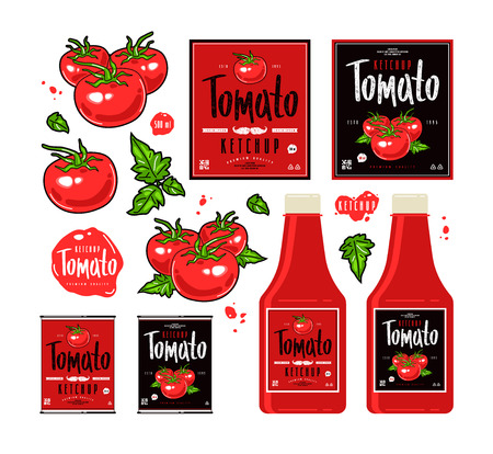 トマト ケチャップのテンプレートのラベルのセットです ジューシーなトマトのイラストです 黒と赤の背景を持つラベルします のイラスト素材 ベクタ Image