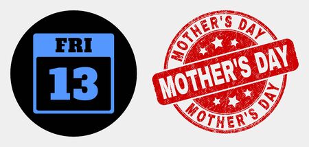 Rounded 13th friday calendar page icon and mothers day seal. red rounded grunge seal stamp with mothers day caption. blue 13th friday calendar page icon on black circle.