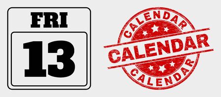 Vector 13th friday calendar page pictogram and calendar seal stamp. red rounded textured seal with calendar text. vector composition for 13th friday calendar page in flat style. Vector Illustration