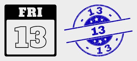 Vector 13th friday calendar page pictogram and 13 seal. red round distress seal with 13 caption. vector combination in flat style. black isolated 13th friday calendar page pictogram.