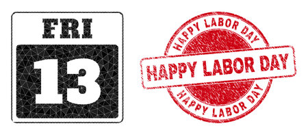 Low-poly polygonal 13th friday calendar page 2d illustration with happy labor day rubber seal imitation. red stamp includes happy labor day caption inside circle shape.