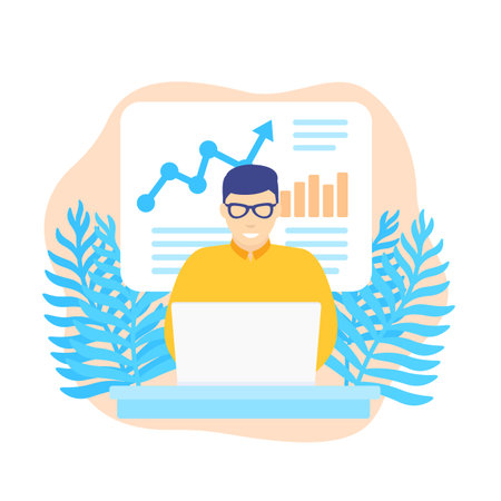 man working on laptop with chart background clip art preview