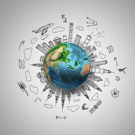 Earth planet on grey with pencil sketches