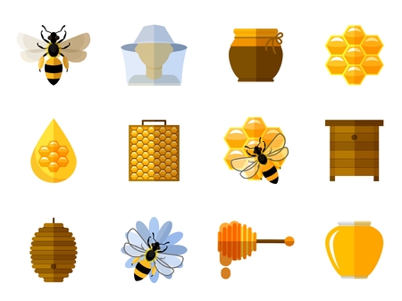 bee: Вектор мед и пчелы иконки в плоском множестве. Еда сладкий, насекомых и клетки, соты и пчелиный воск, расческа и горшок иллюстрация Иллюстрация
