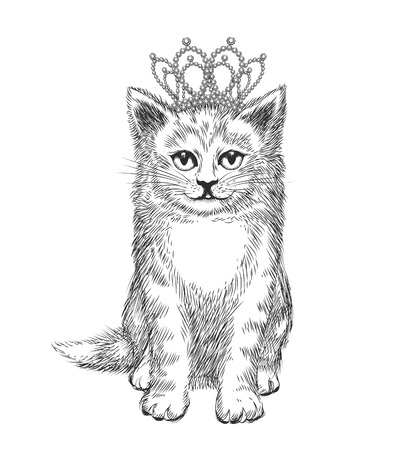 小さな子猫の身に着けている王冠 猫スケッチ ロイヤル高級王様動物 ベクトル イラスト の写真素材 画像素材 Image