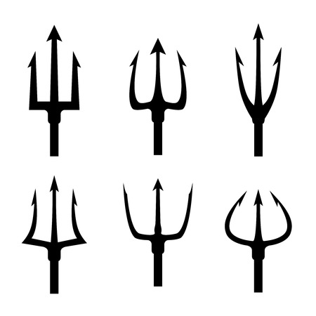 Black trident silhouette vector set. Pitchfork tool object, pitchfork weapon, pitchfork sharp fork illustration