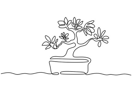 A bonsai tree in pot one continuous line drawing vector isolated on white background with minimal design. decorative old miniature plants for home interior design. houseplant concept Stock Photo
