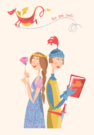 Princess with a rose, knight with a book, and a dragon. Bon Sant Jordi (the Saint Georges Day). Dia de la rosa (The Day of the Rose). Dia del llibre (The Day of the Book). Traditional festival in Catalonia, Spain. Vector illustration.