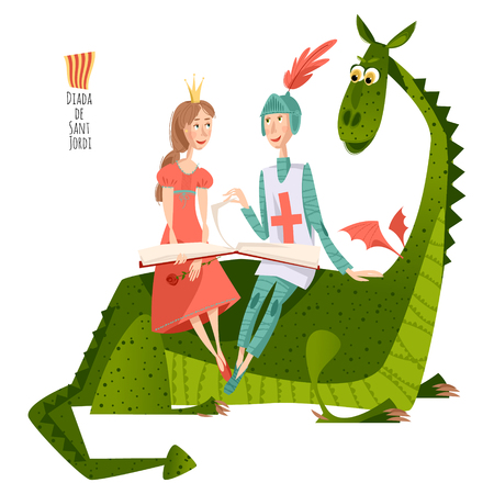 Princess and knight read a book sitting on a back of a dragon.Diada de Sant Jordi (the Saint Georges Day). Dia de la rosa (The Day of the Rose). Dia del llibre (The Day of the Book). Traditional festival in Catalonia, Spain. Vector illustration.