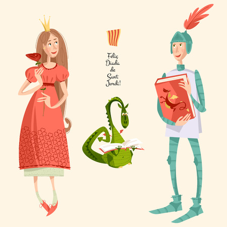 Princess with a rose, knight with a book and dragon reading a book.Diada de Sant Jordi (the Saint Georges Day). Dia de la rosa (The Day of the Rose). Dia del llibre (The Day of the Book). Traditional festival in Catalonia, Spain. Vector illustration. Иллюстрация