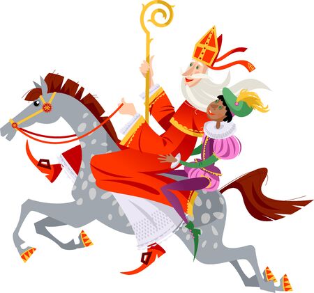 Santa Claus (Sinterklaas) and his helper ride a horse to deliver gifts. Christmas in Holland. Vector illustration.