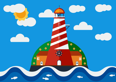 太陽と雲と青空に青い海と灯台のベクター イラストです のイラスト素材 ベクタ Image