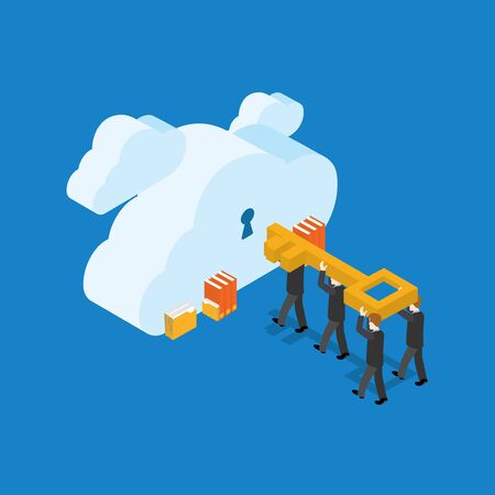 Vector illustration. Business people with key and clouds with keyholes. Isometric flat design. Storage concept. Light blue background