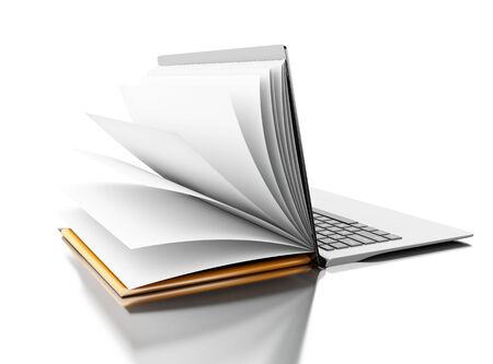 3d illustration. Open book turns into an open laptop. E-learning, digital library and online education concept. Isolated white background