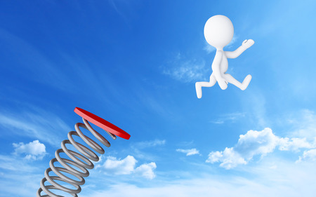 3d illusrtaion. White people jumping on springboard on blue sky background. Success in business concept. Stock Photo