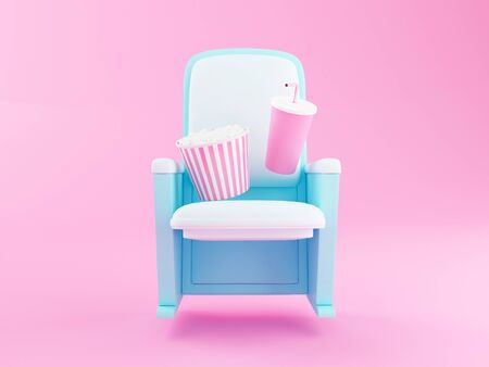 3d illustration. popcorn and drink on theater seat. Cinematography concept. Stock Photo