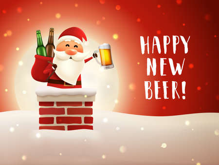 Beer Santa lettering poster. New year greeting card with drunk Santa Claus in the chimney holding beer mug and a sack with bottles. Handwritten typography. Winter christmas background.