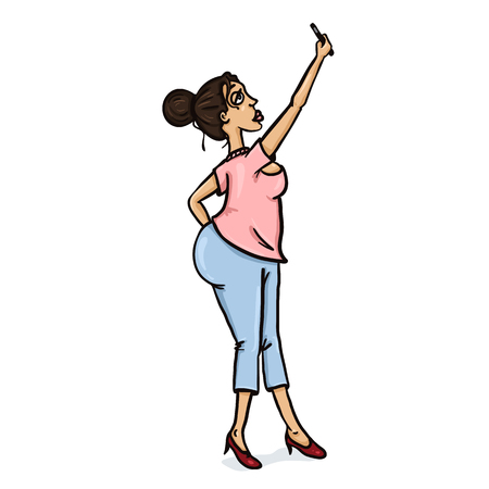 Vector cartoon character latina woman with a cell phone girl take a selfie photo Reklamní fotografie