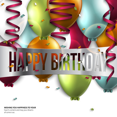 Vector birthday card with balloons and birthday text. Vector Illustration